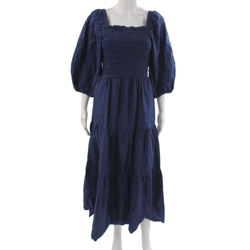Sea New York Women Blue Maxi Dress Square Neck Tie Waist 3/4 Sleeve Size 6